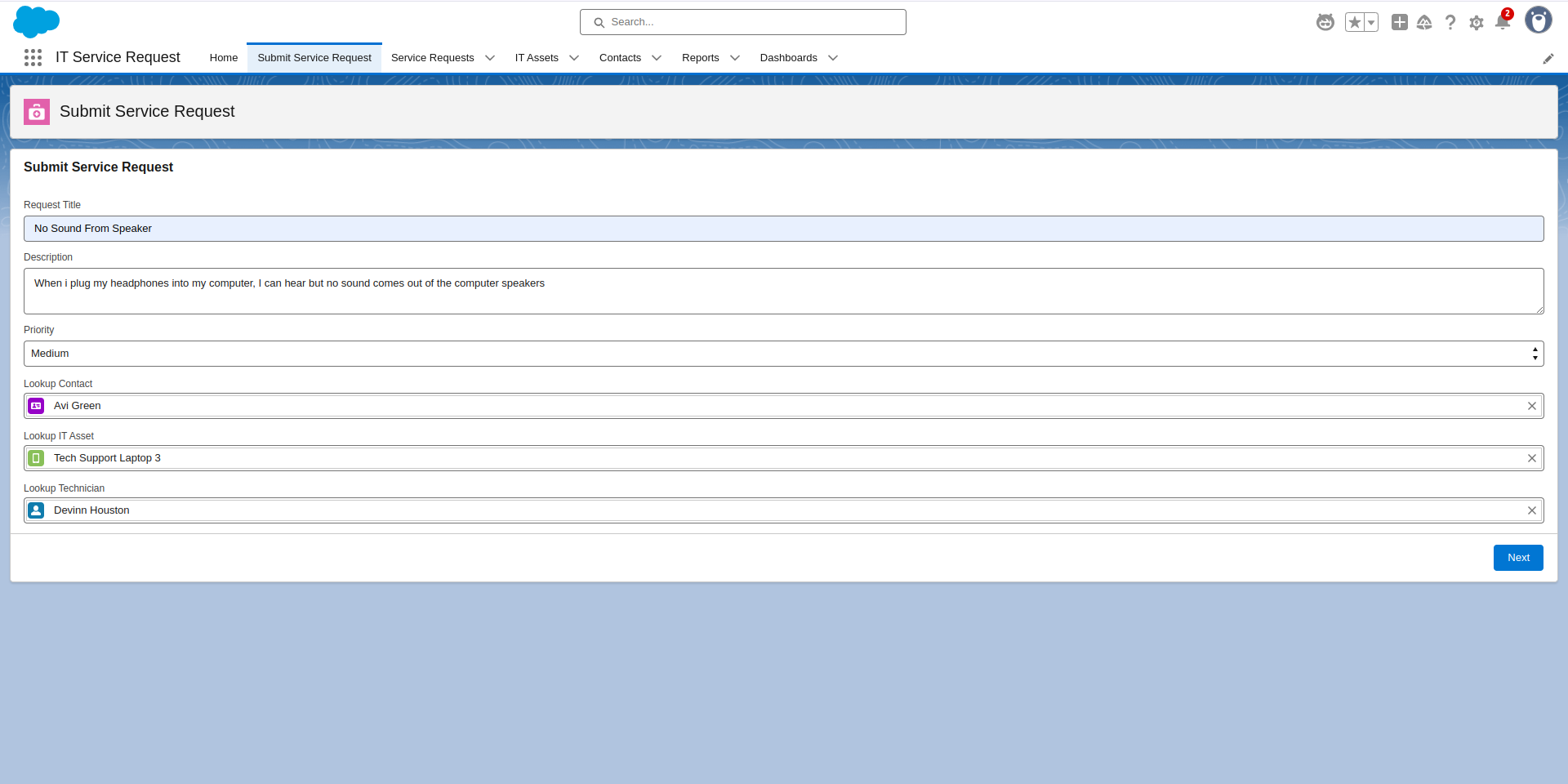 Service Request Screenshot